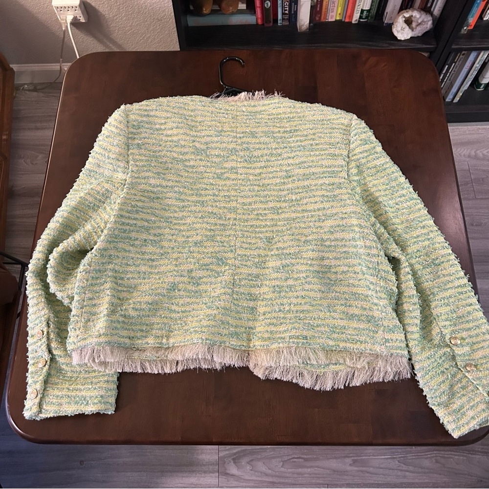 L'AGENCE Angelina Fray Tweed Jacket Open Front Blazer in Light Green Size 14 - Picture 3 of 16
